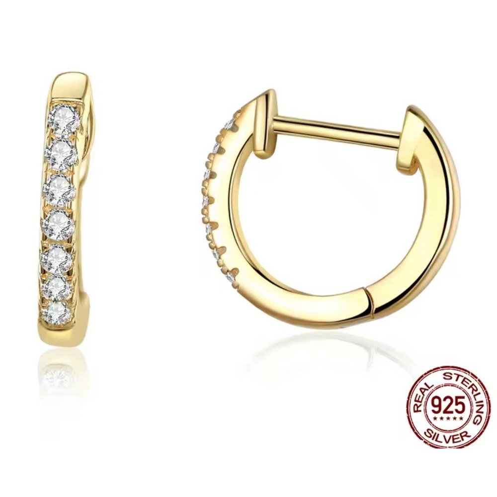 925‎ Sterling Silver Gold Plated Small CZ Hoop Earrings Minimalist Style 10 mm